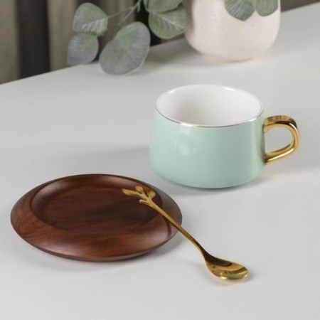 Tea couple ceramic with a spoon "Ulun", 2 items: a cup 280 ml, a saucer d = 13 cm, the color is light green-1