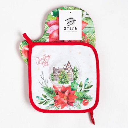 Kit kitchen Christmas Red Flowers mittens of 20x28cm, 19x19cm severity, 100% cotton-5
