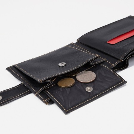 Men's purse on the button, a department for bills, for maps, for coins, black color-6