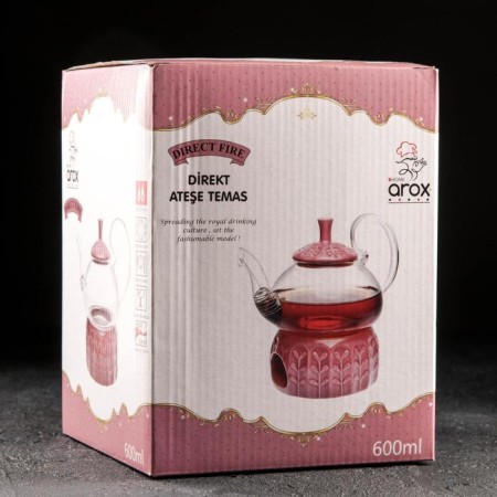 Glass teapot with metal sieve and stand for heating Elegy, 600 ml, red color-3