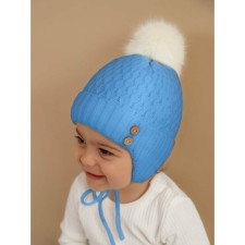 A cap on ties with a pompom Children's Amarobaby Pure Love Wool, insulated, size 42-44 cm, blue color