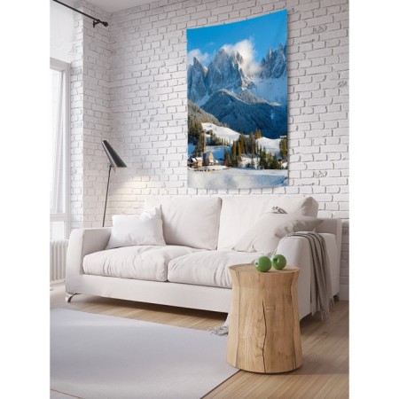 Decorative panel with photo printing "snow -covered mountain village", vertical, size 150x200 cm
