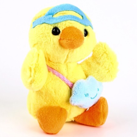 Soft toy "Duckling with a bag" on a key fob, 12 cm, yellow color
