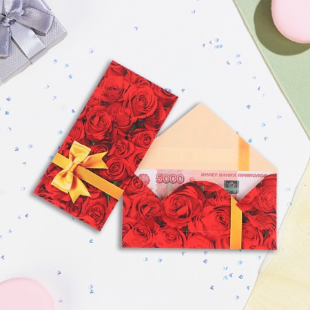 Money envelope "Universal" gold bow and roses, 16.5 x 8 cm