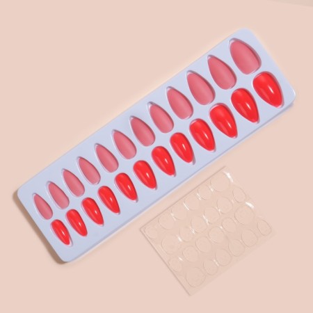 False nails, 24 pcs, with adhesive plates, almond shape, neon/matte pink color-2