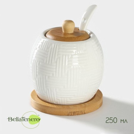 Porcelain sugar tower with a spoon on the Bellatenero bamboo stand, 250 ml, white color