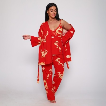 Female set (robe/top/pants), red color, size 54-2