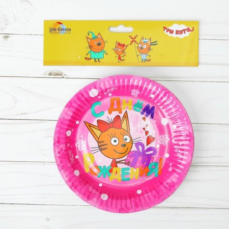 Paper plate "Three cats", 6 pcs., 17 cm, pink color-2
