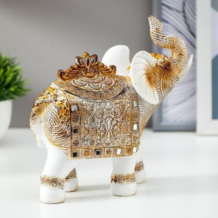 Souvenir Polystone Casket "White Elephant with a blanket from the Arab carpet" 17.5x17.5x6.3 cm-1