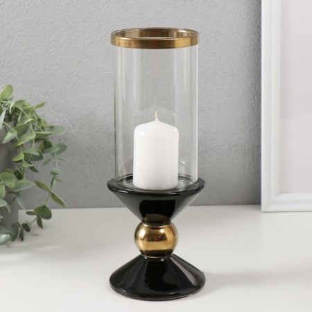 Ceramics candlestick, glass for 1 candle "parallels" d = 7.5 cm black with gold 9.5x9.5x24 cm-3