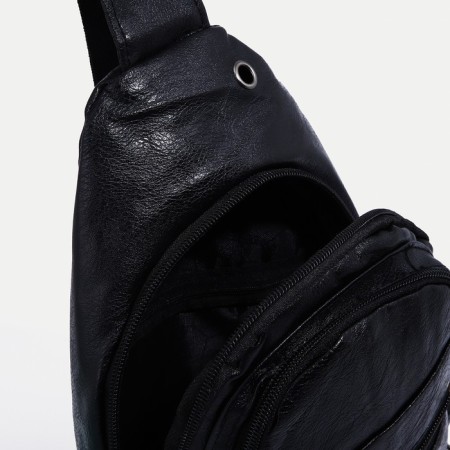 Male sling bag, artificial leather, headphone opening, black color-5