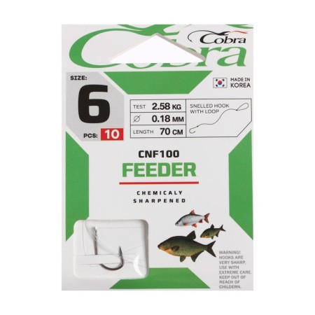 Hooks Cobra Feeder, No. 6, 10 pcs., With a leash 70 cm, D = 0.18 mm