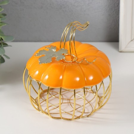 Casket Metal, ceramics "Pumpkin with a leaf" Orange with gold 14x14x13 cm-2
