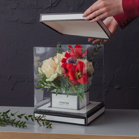 Gift box for flowers with a vase and PVC windows folding, packaging, "Happiness next to you", 23 x 30 x 23 s-3
