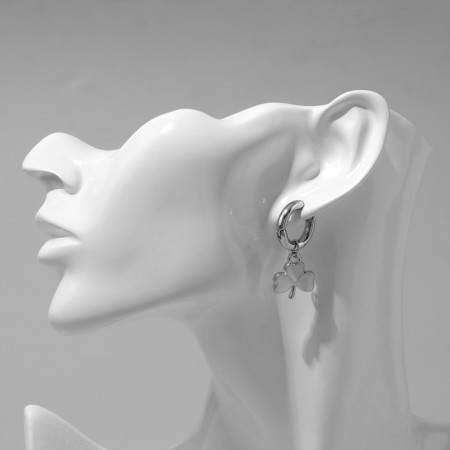 Earrings with the removable element "Transformer" Clover-heart, white-beige color in silver-3