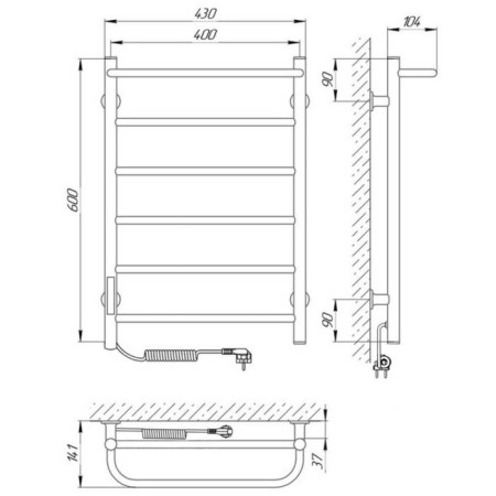 Two electric heated towel rail Laris Prime Chekch, 400x600 mm, 6 crossbars, left, black-8