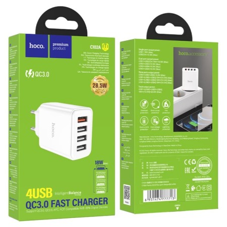 Network charger Hoco C102A, 1 USB, 18 W, 3 USB, 2.1 A, Qc, white-6