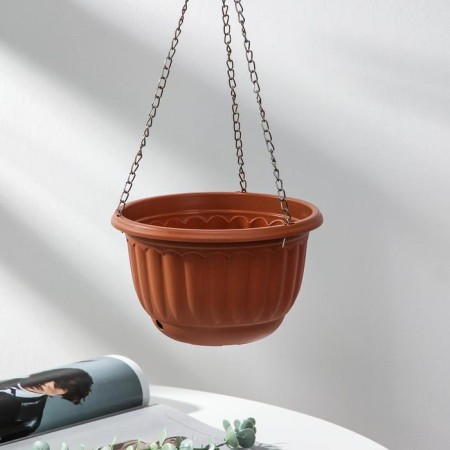 Plastic puff for flowers suspended with drainage grid "Vesta", 2 l, brown color-1