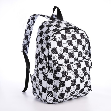 School backpack from textiles with a zipper, 4 pockets, black/white color-3
