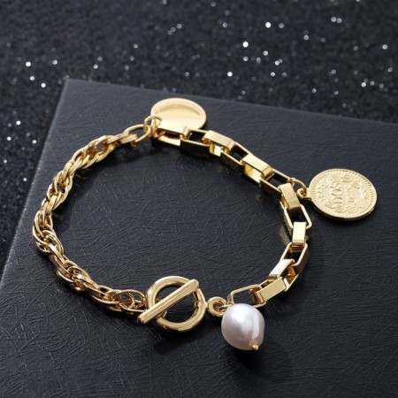 Bracelet Pearl "Chain" informal, white color in gold, 20 cm-1