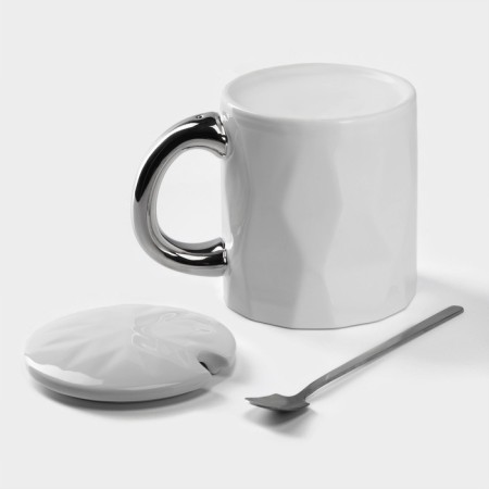 Ceramic mug with a spoon "Stylish Bear", 320 ml, white color-2