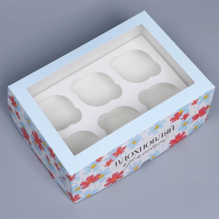 Box for cupcakes, confectionery packaging with a window, 6 cells “Inspireing beauty”, 25 x 17 x 10 cm-1