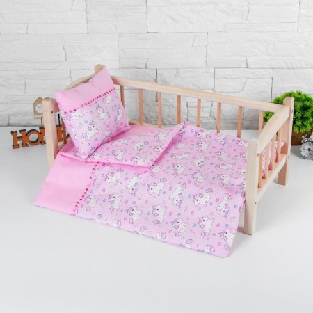 Bed linen for dolls "Unicorn on Pink", sheet, blanket, pillow