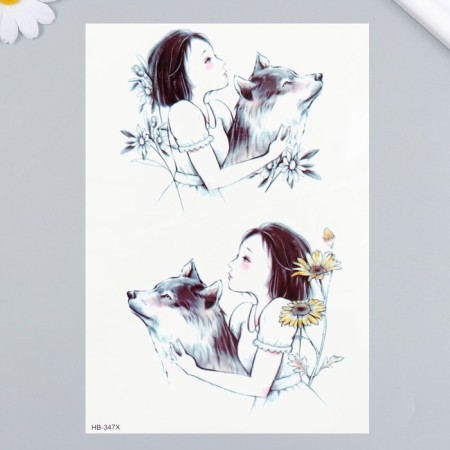 Tattoo on the body color "Girl with a wolf" 21x14.8 cm