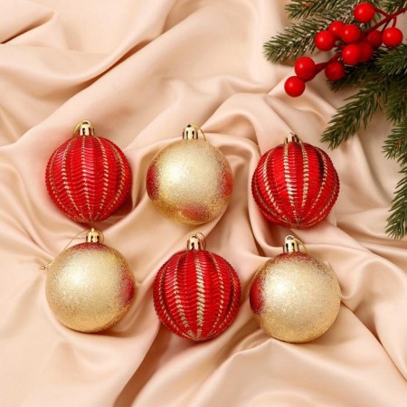 Set of balls plastic D-6 cm, 6 pcs "Beata shine" golden red