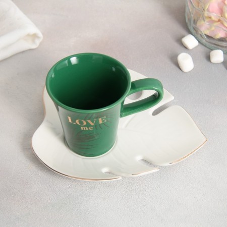 Tea couple ceramic love me, mug 100 ml, saucer 15x14 cm, white-green color-1