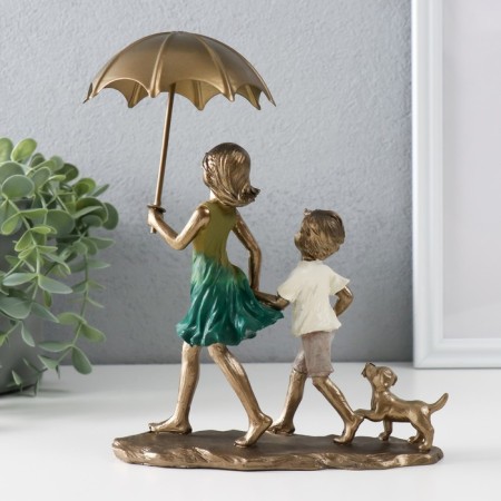 Polystone souvenir "Children walk under an umbrella, with a puppy" Bronze 18x9.5x21.5 cm-3