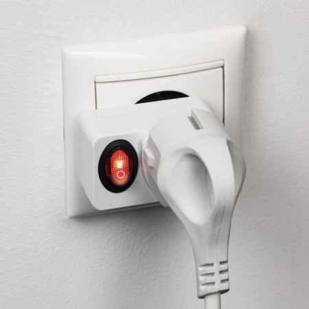 Adapter with a button, in the euro and the Asian fork, s/s, 16a, 230V, 3680W, IP20, white, 26956 4,-6