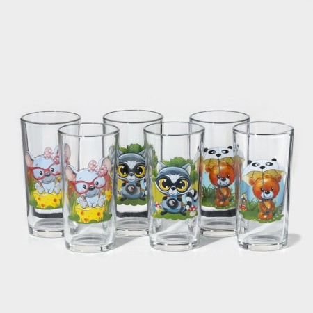 A set of glasses "Funny animals", glass, 230 ml, Mix drawing-1