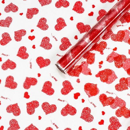 Film for flowers "Heart is love...", red, 0.7 x 7.6 m, 40 μm, 200 g