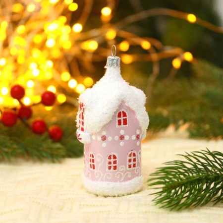 Christmas tree toy "House" H-9 cm, white-pink, mix-1