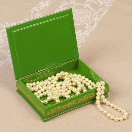 The box "White-pink flowers", green, 10 × 14 cm, lacquer miniature-2