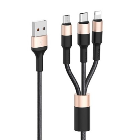 Hoco X26 cable, microUSB/Lightning/Type-C-USB, 2 A, 1 m, nylon braid, black and golden-1