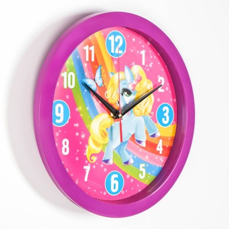 Wall watches, D-28 cm, children's, "ponies", discrete move, purple rim-1
