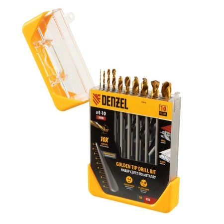 Set of metal drill Denzel 72316, 1-10 mm, HSS-Tin, Golden Tip, 10 pcs.