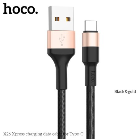 Hoco X26, Type-C cable-USB, 3 A, 1 m, nylon braid, black and golden-1