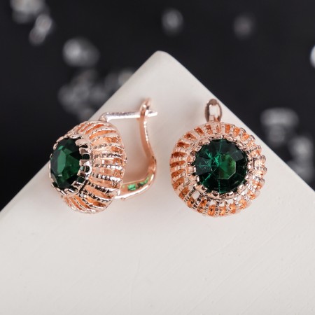 Earrings with rhinestones "Edel" circle, emerald color in pink gold-1
