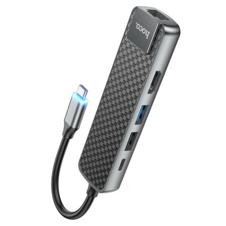 Adapter Hoco HB23, HDMI/USB3.0/USB2.0/RJ45/PD, 60 W, 3 A, cable length 13.5 cm, gray-2
