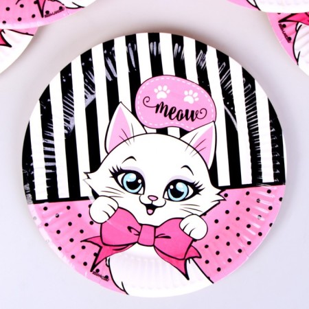 A set of paper dishes with masks "cat": 6 plates, 6 glasses, 6 masks-9