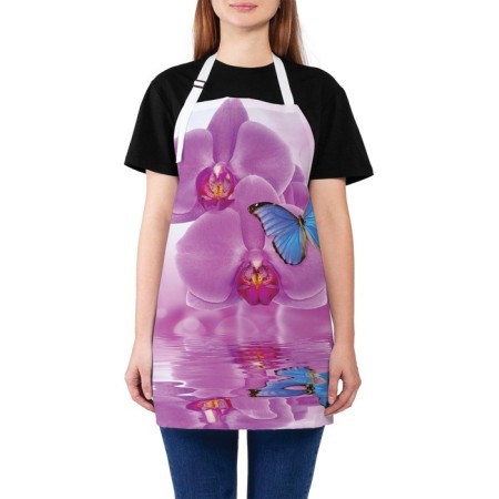 Apron of a kitchen with a “butterfly on an orchid” photo print, adjustable, size OS