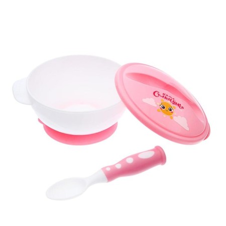 A set of children's dishes "Our Sun", 3 objects: a plate on a suction cup, cover, spoon, pink color-2