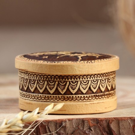 Casket "Horses", round, birch bark, mix-7
