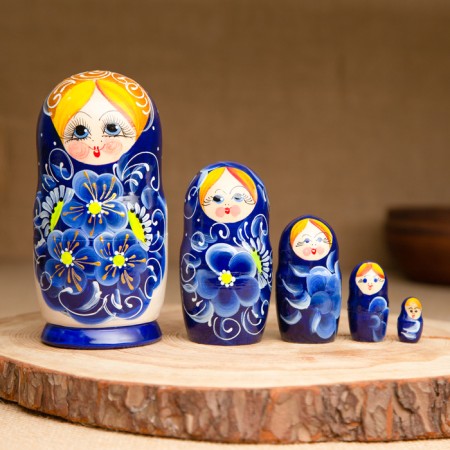 Matryoshka 5 puppet "Nina" blue, 14-15cm, manual painting.
