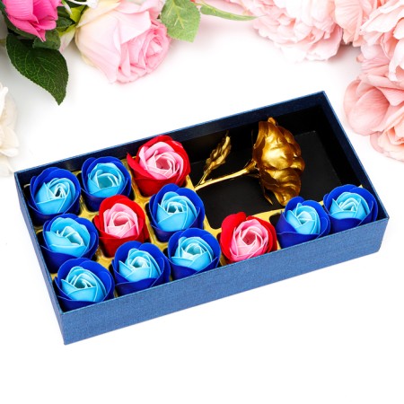 Soap roses of colored shades and gold rose, set 11 pcs