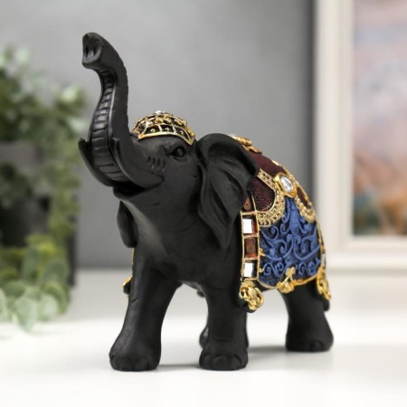 Polystone souvenir "Black elephant with color patterns on the blanket" 16x17.5x7 cm-1