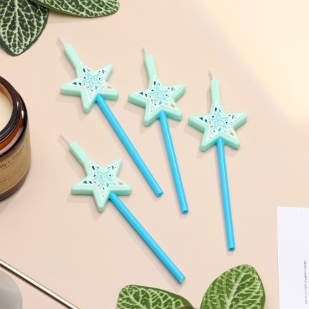 Candles for the cake, 4 pcs "Magic wand. Stars", blue